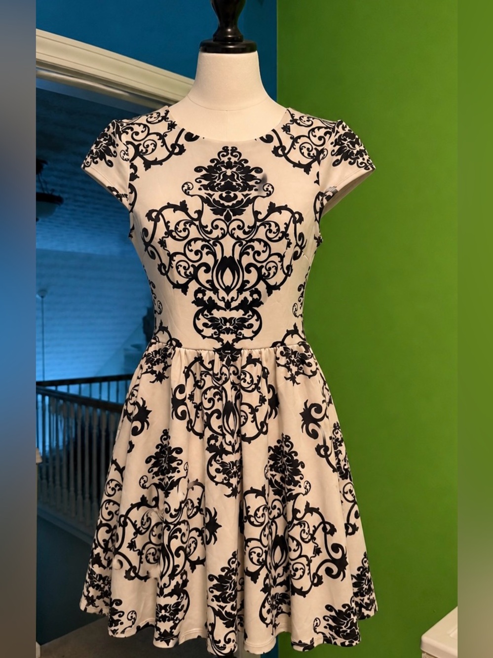B Darlin Black and White Fit & Flare Damask Skater Dress